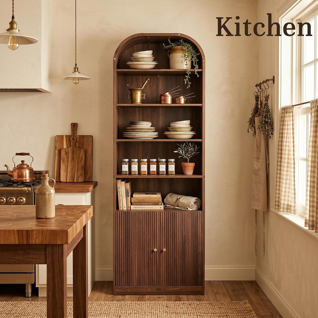 71" Tall Arched Bookshelf with Door, 7 Tiers Arched Bookcase with Storage, Adjustable Book Shelves for Living Room, Kitchen, Home Office, Walnut