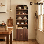 71" Tall Arched Bookshelf with Door, 7 Tiers Arched Bookcase with Storage, Adjustable Book Shelves for Living Room, Kitchen, Home Office, Walnut