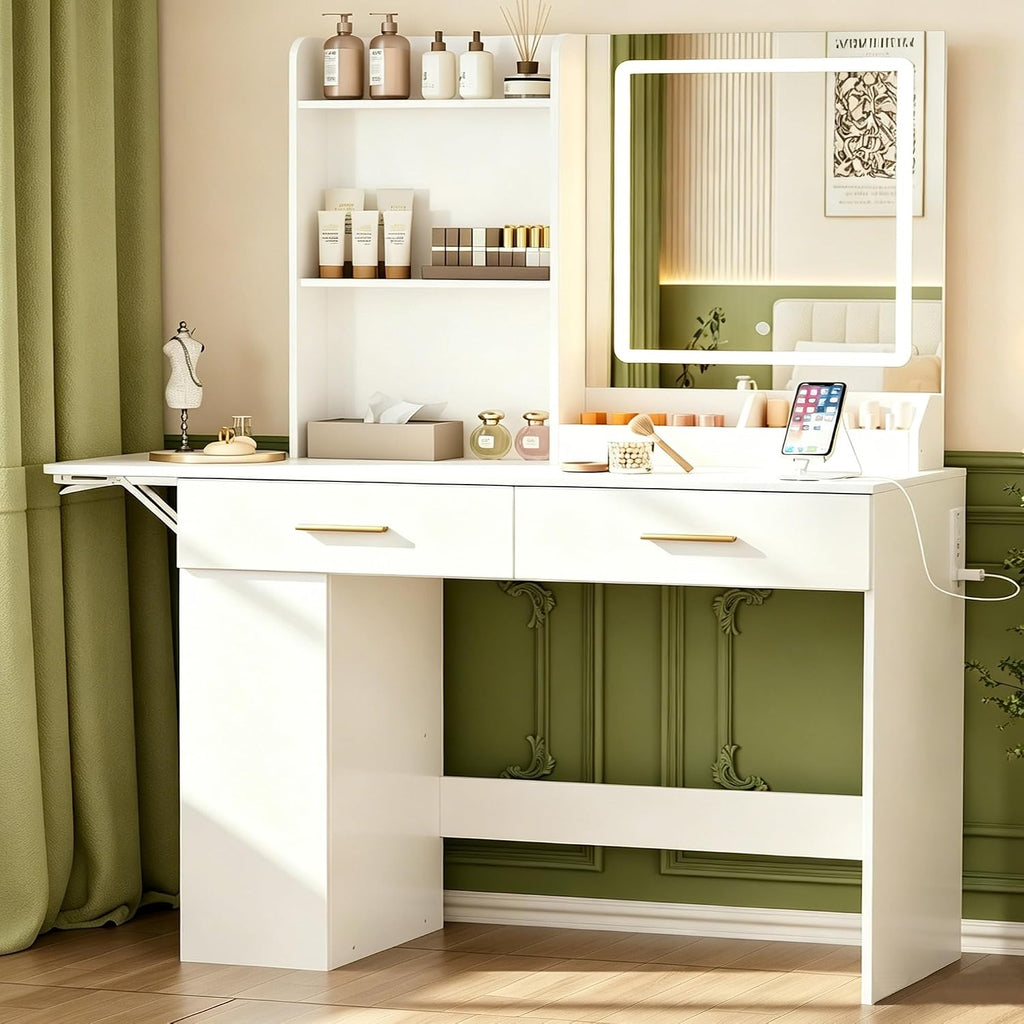 ERLEJIA Vanity Desk with Mirror and Lights, 43.31" Makeup Table Without Stool, Extra Foldable Desk with 3 Open Shelves 4 Drawers Dressing Table for Girls and Ladies Bedroom, White