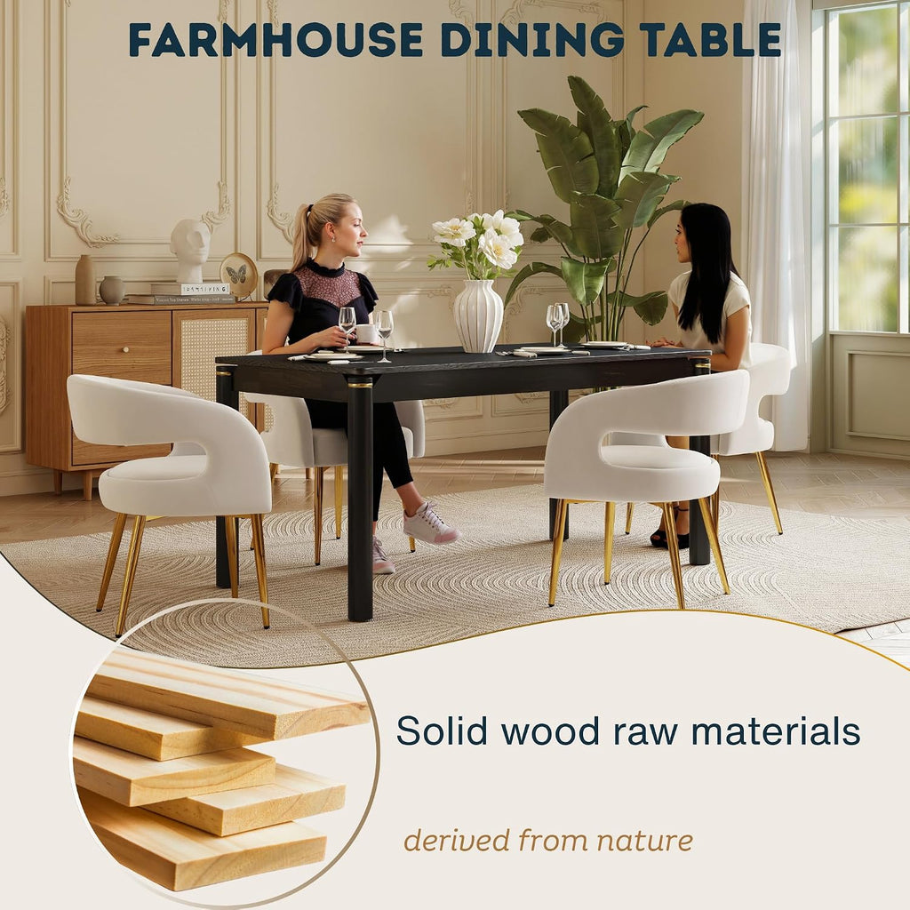 Hyfirm 63 Inch Black Solid Wood Dining Table for 4-6, Mid Century Modern Rectangular Dining Table with Gold Ring Decoration, Farmhouse Dinner Table for Dining Room Restaurant