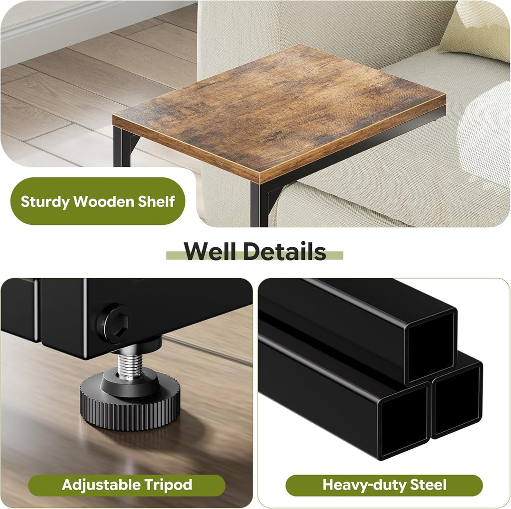 Simple Trending C Shaped End Table, TV Tray for Couch, Small Side Table with Metal Frame, for Living Room Bedroom, Rustic Brown