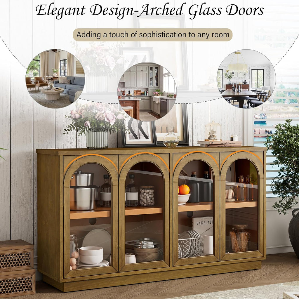 SOFTSEA Farmhouse 58" Sideboard with Adjustable Shelves, Glass Arch Buffet Cabinet for Kitchen and Living Room, Old Pine