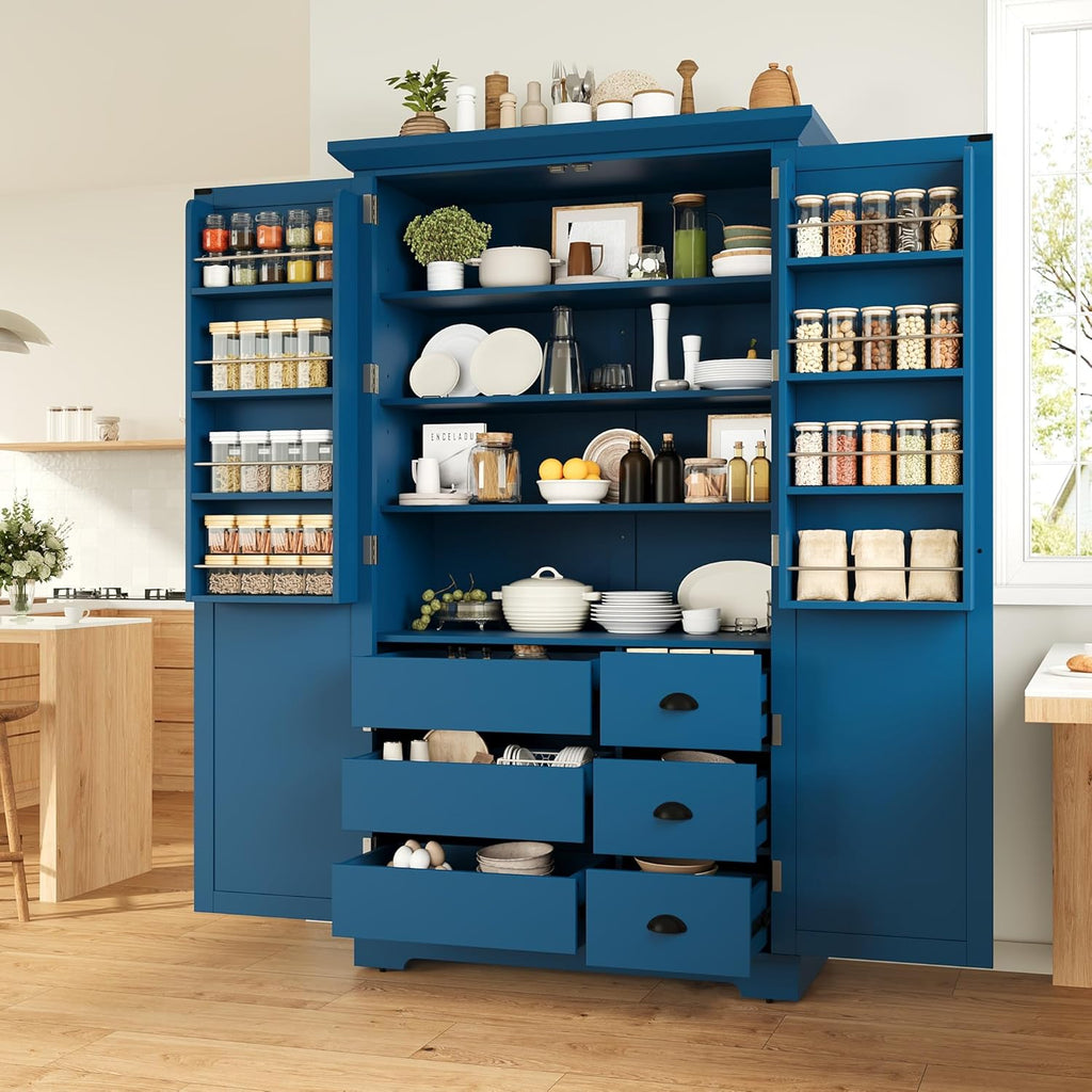 Merax 72" Tall Shaker Style Kitchen Pantry with 3 Drawers, Adjustable Shelves, Wood Cupboard Dining Storage Cabinet with Door Shelves and Pull-Out Trays for Living Room, Kitchen, Dining Room Blue