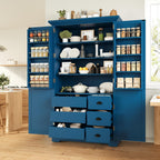 Merax 72" Tall Shaker Style Kitchen Pantry with 3 Drawers, Adjustable Shelves, Wood Cupboard Dining Storage Cabinet with Door Shelves and Pull-Out Trays for Living Room, Kitchen, Dining Room Blue