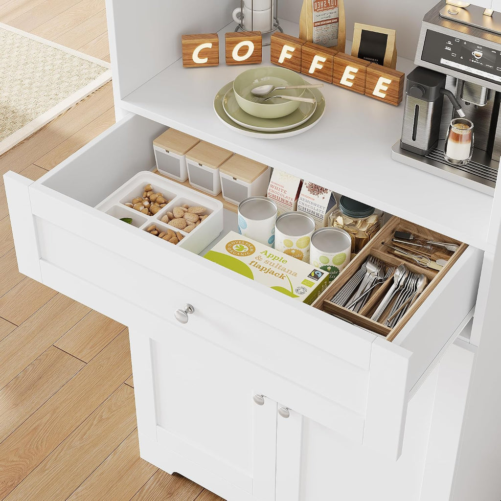 Set of 2 Tall Kitchen Pantry Storage Cabinet with Doors and Shelves, White | Modern Kitchen Hutch Cabinet with Storage Drawer & Bar Cabinet, 67” Cupboard Furniture Set for Kitchen and Dining Living Room