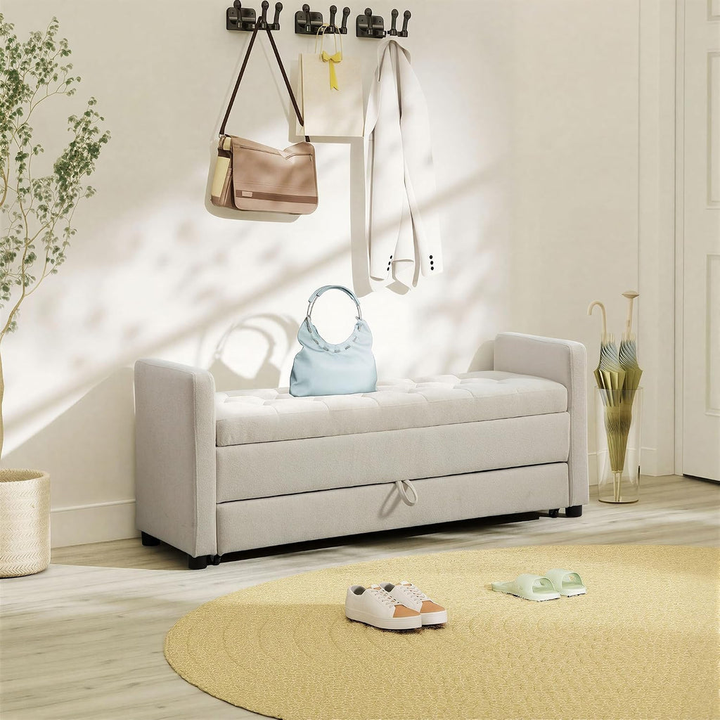 Chifee & Vingol 58.27" W Ottoman Bench with Double Storage Space, Upholstered End of Bed Storage Bench Entryway Shoe Benches,Beige
