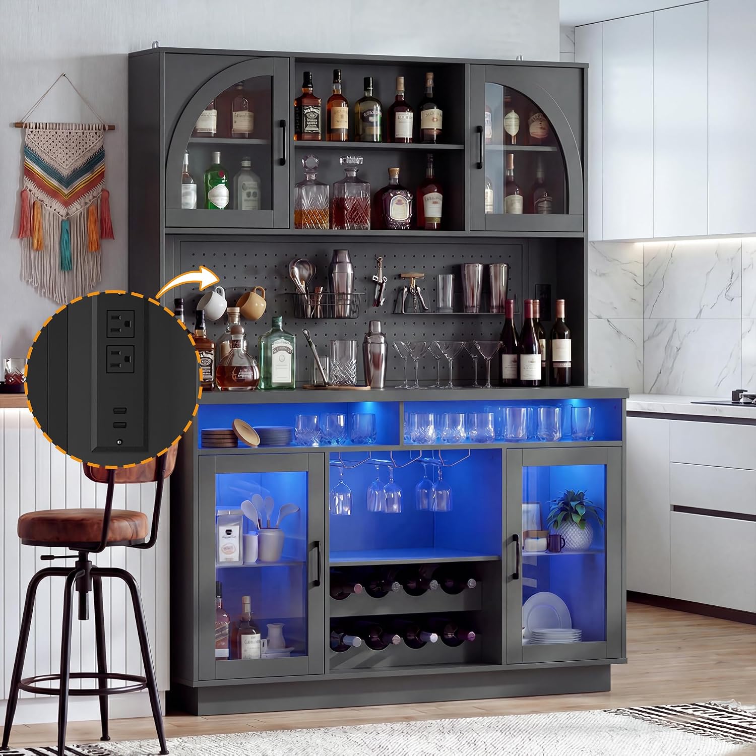 Large Coffee Bar Cabinet LED Wine Pantry Cabinet with Storage Hutch | 70.8" Freestanding Storage Cabinet with Charging Station, Adjustable Shelves, Wine Rack for Dining Room, Living Room, Black
