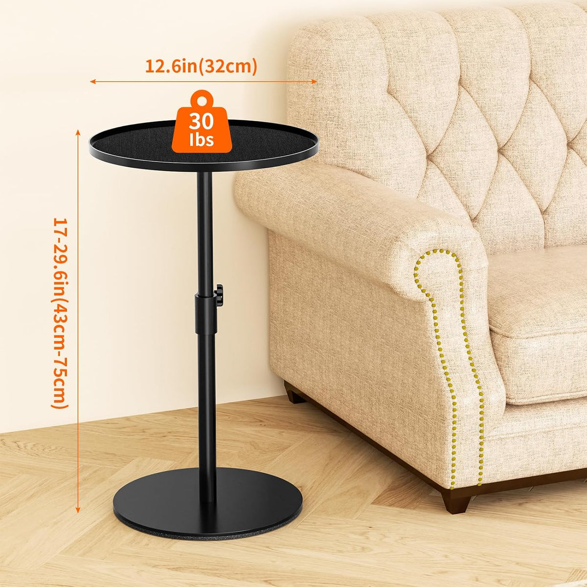 Metal End Table, Height Adjustable Side Tables Living Room, Small Side Table for Small Spaces Round Drink Table TV Tray Table for Living Room, Bedroom, Balcony, Office, Indoor & Outdoor