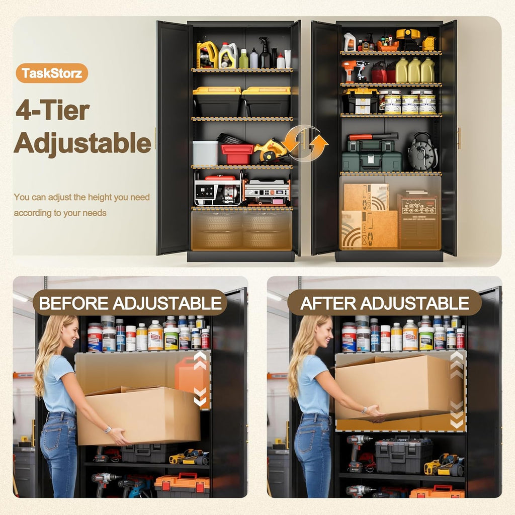 71" Tall Kitchen Pantry Cabinet, Metal Kitchen Pantry Storage Cabinet with Doors and 4 Adjustable Shelves, Freestanding Pantry Cupboard for Living, Dining Room, Black