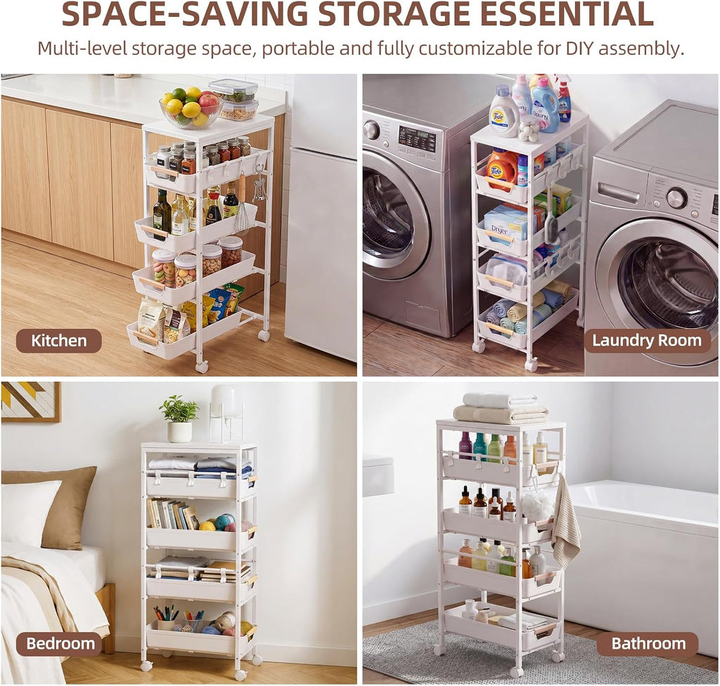 5 Tier Slim Rolling Storage Cart with Pull-Out Drawers,Narrow Utility Organizer Cart with Wooden Top & Wheels for Small Spaces Kitchen Bathroom Laundry Room (White)