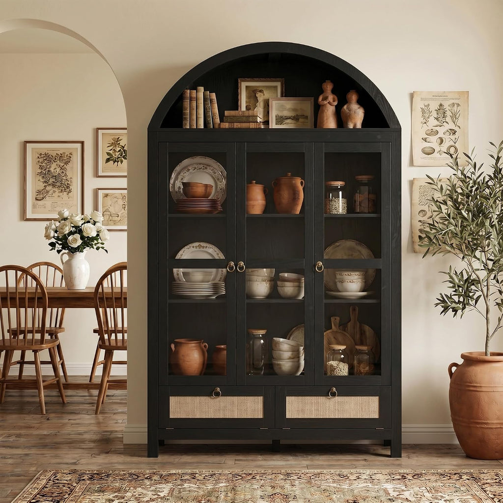 TYBOATLE 75'' Arched Cabinet with 3 Glass Doors, Pantry Cabinet for Kitchen | Arch Cabinet, Pantry Cupboard with Rattan Drawers and Anti-Tip Device, Farmhouse Pantry for Kitchen Bathroom, Black