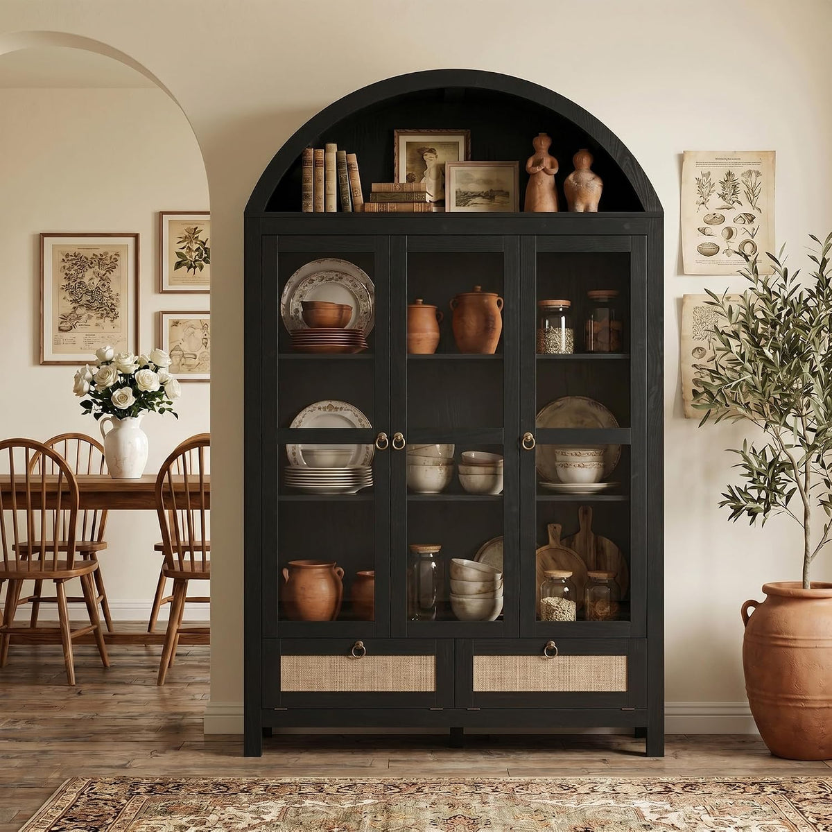 TYBOATLE 75'' Arched Cabinet with 3 Glass Doors, Pantry Cabinet for Kitchen | Arch Cabinet, Pantry Cupboard with Rattan Drawers and Anti-Tip Device, Farmhouse Pantry for Kitchen Bathroom, Black