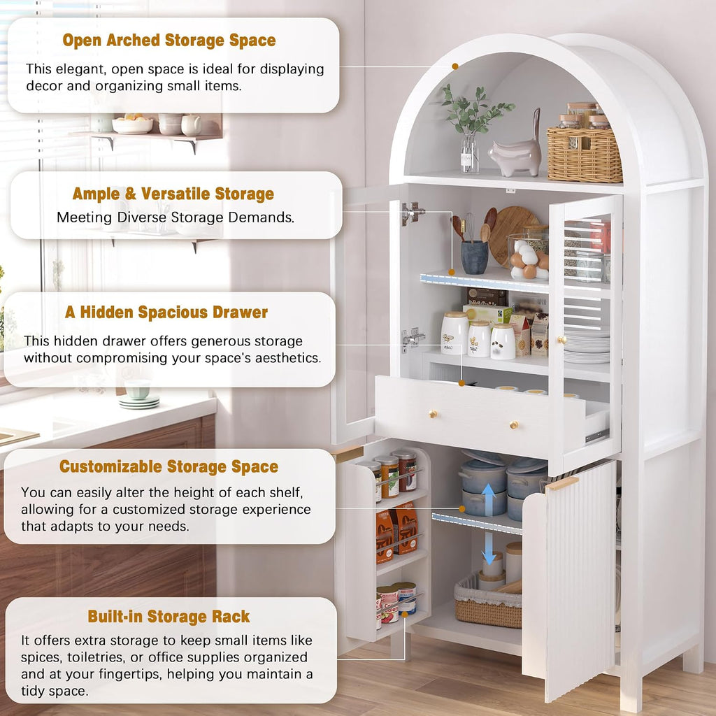 71" Fluted Tall Arched Kitchen Pantry Cabinet with Glass Doors, Farmhouse Storage Cabinet with Adjustable Shelves & Hidden Drawer, Freestanding Cupboard Console for Living Room, Dining Room (White)