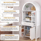 71" Fluted Tall Arched Kitchen Pantry Cabinet with Glass Doors, Farmhouse Storage Cabinet with Adjustable Shelves & Hidden Drawer, Freestanding Cupboard Console for Living Room, Dining Room (White)