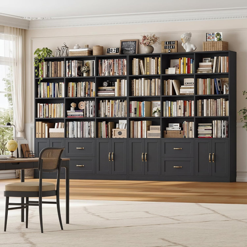 HOSTACK 71" Tall Triple Wide Bookshelf with Storage Drawers & Doors, Black