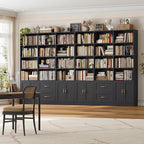 HOSTACK 71" Tall Triple Wide Bookshelf with Storage Drawers & Doors, Black