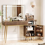 iPormis Makeup Vanity Desk with HD & 5X Magnifying Mirror and Lights, 47'' Make up Vanity, Fluted Glass Top Dressing Table w/Power Outlets, Adjustable Storage, Dark Brown