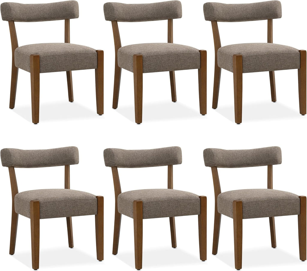 RNKSFX Upholstered Dining Chairs Set of 6, Walnut Wooden Kitchen & Dining Room Chairs, Mid Century Modern Fabric Farmhouse Dining Chairs Oversized Sturdy Rounded Chairs Curved Back, Tan Brown
