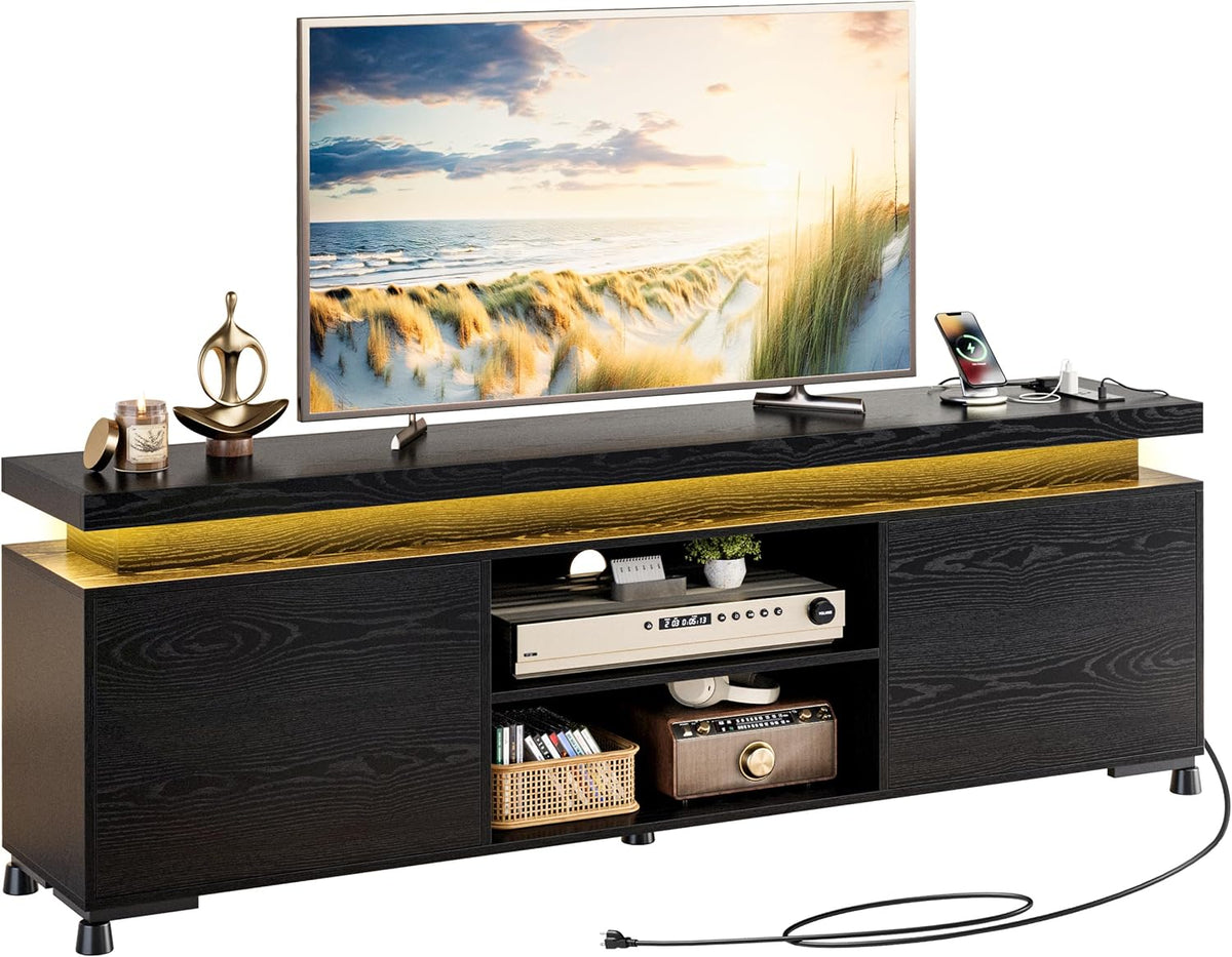 IRONCK TV Stand Entertainment Center with LED Lights for 85 inch | Power Outlet, Cabinets and Adjustable Shelf. USB ports, Type-C and 4.9ft power cord. Hold TVs up to 65, 70, 75, 85 inches.