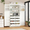 Freestanding Tall Kitchen Pantry Cabinet with 4 Doors and 2 Door Shelves,8 Pull-Out Trays and Adjustable Shelf,for Dining Room (White/F)