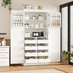 Freestanding Tall Kitchen Pantry Cabinet with 4 Doors and 2 Door Shelves,8 Pull-Out Trays and Adjustable Shelf,for Dining Room (White/F)