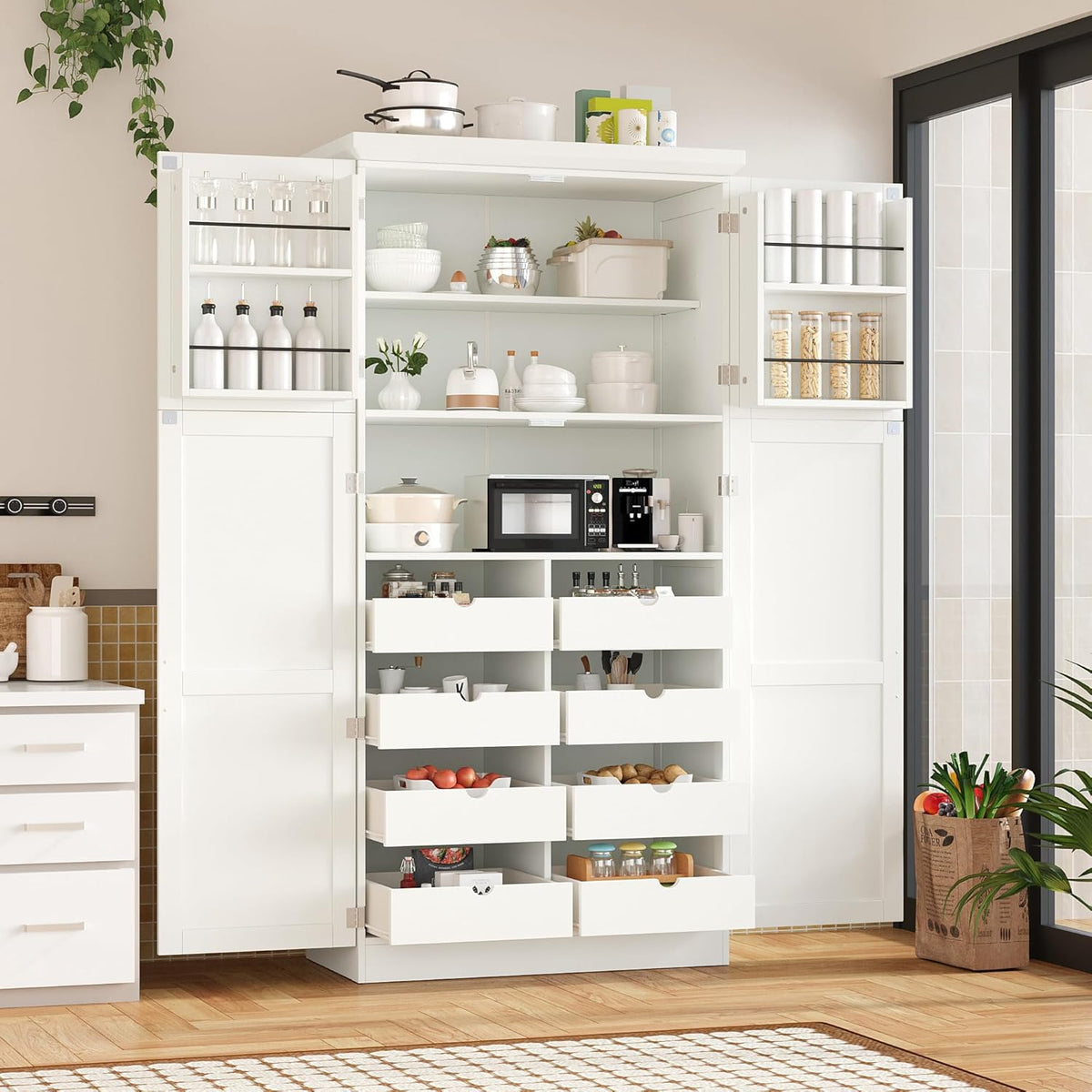 Freestanding Tall Kitchen Pantry Cabinet with 4 Doors and 2 Door Shelves,8 Pull-Out Trays and Adjustable Shelf,for Dining Room (White/F)