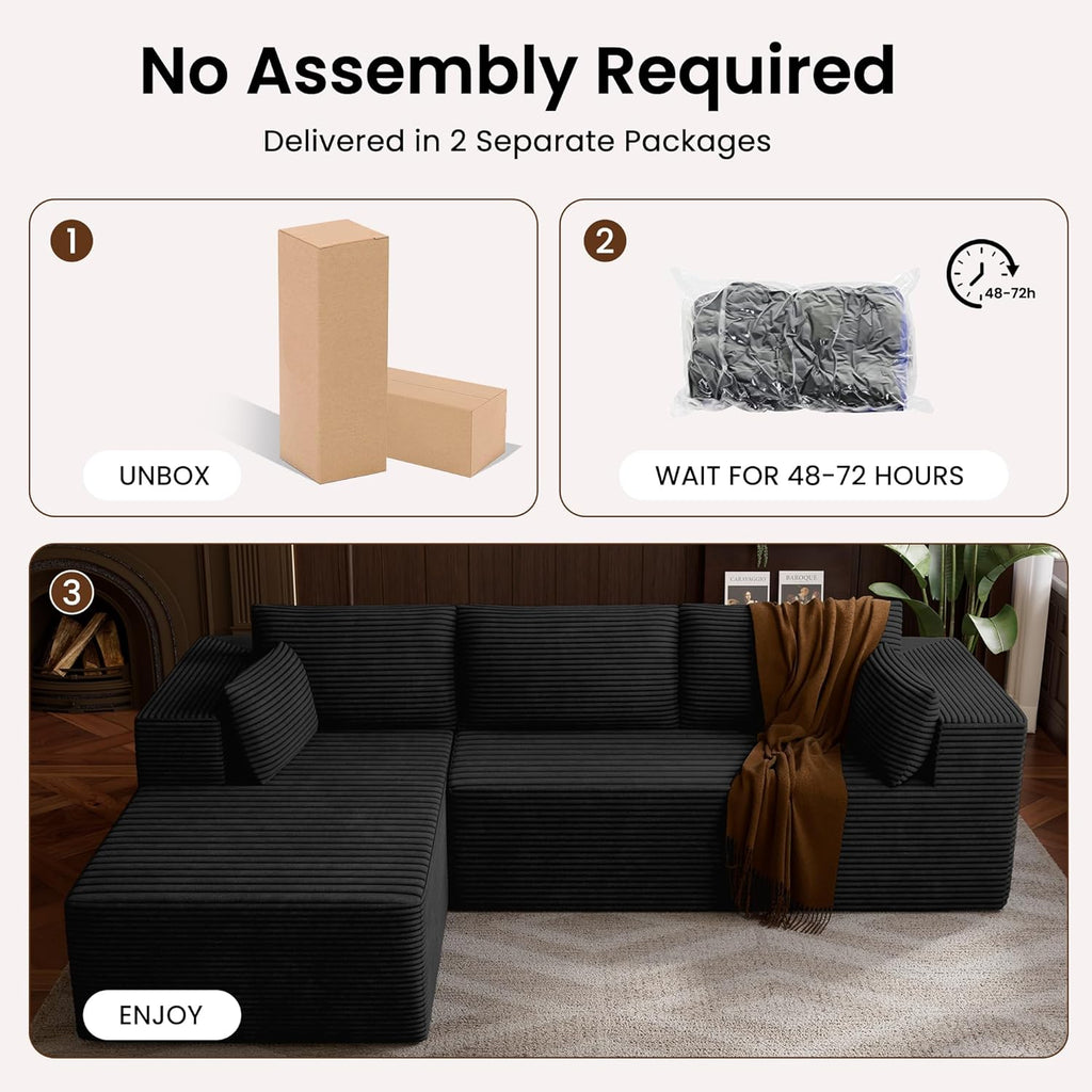 106" Cloud Sectional Couches for Living Room, Modular L Shaped Couch with Deep Seat Oversized Left Facing Chaise, Memory Foam Compressed Spineless 3 Seater Sofa for Bedroom Apartment, Black