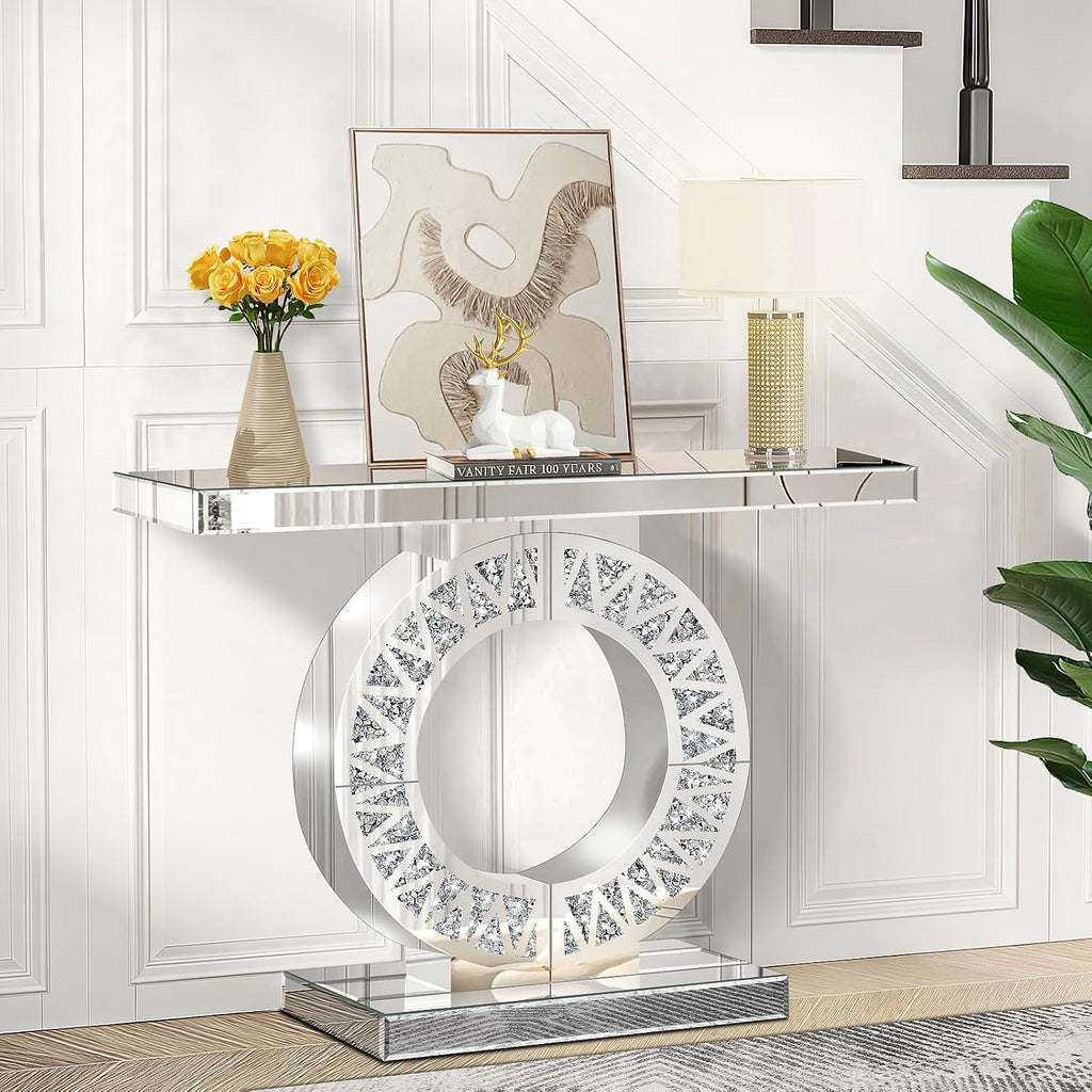 Modern Mirrored Entryway Console Tables with Crushed Diamond Inlay, 39.4" Long Silver Hallway Table for Entryway, O-Shaped Base Luxury Glass Foyer Table for Home Decor