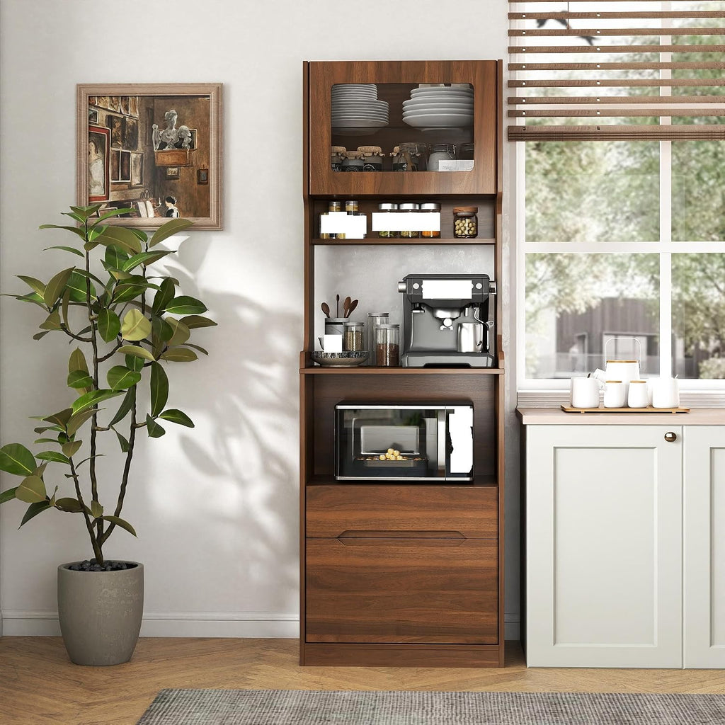 Farmhouse Kitchen Pantry Storage Cabinet with Microwave Stand - Freestanding Buffet Hutch Sideboard with 2 Drawers, Open Coffee Bar Shelf & Cable Hole, Wood Buffet Server for Dining Room & Kitchen