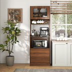 Farmhouse Kitchen Pantry Storage Cabinet with Microwave Stand - Freestanding Buffet Hutch Sideboard with 2 Drawers, Open Coffee Bar Shelf & Cable Hole, Wood Buffet Server for Dining Room & Kitchen