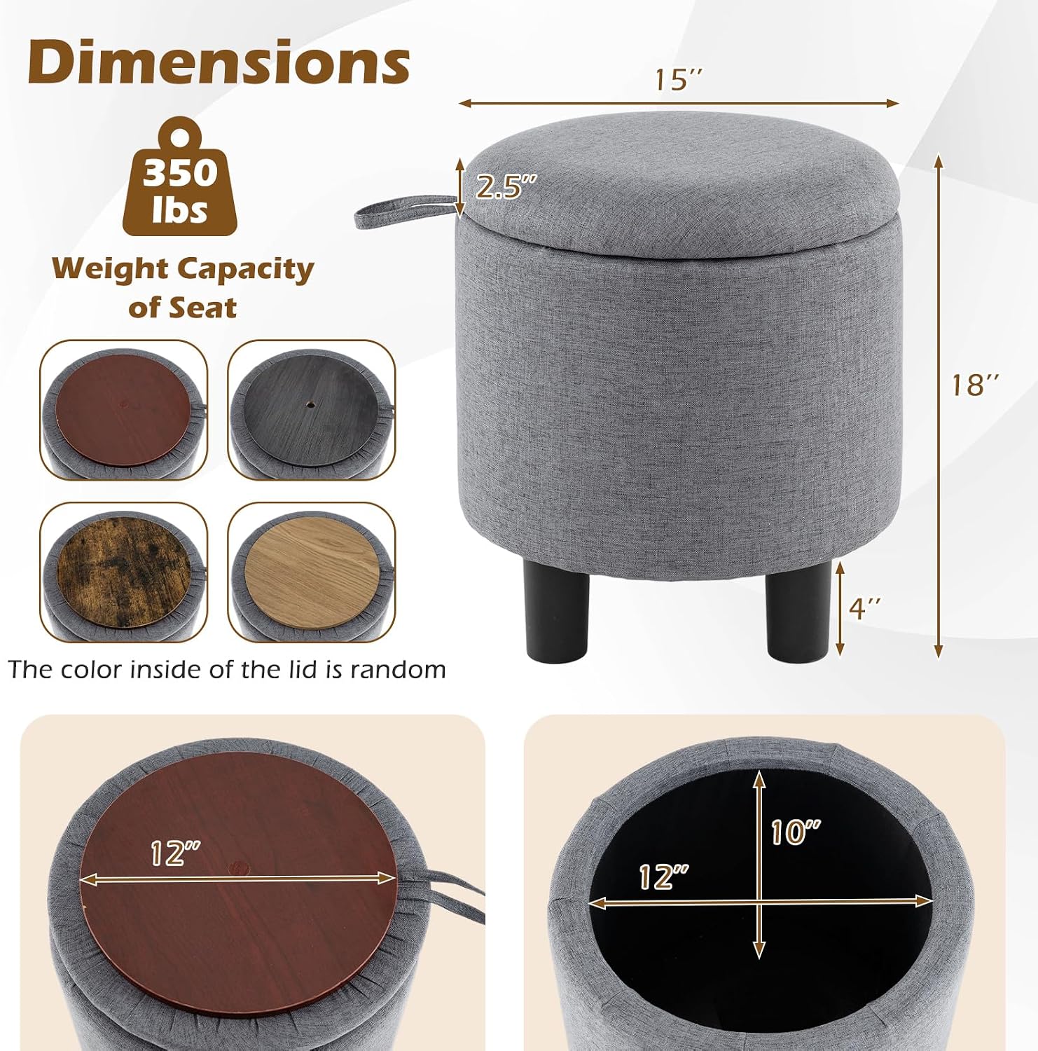 GIANTEX Round Storage Ottoman with Removable Lid & Sturdy Legs, Gray | Linen Fabric Upholstered Ottoman Foot Stool, Small Foot Rest for Living Room, Bedroom