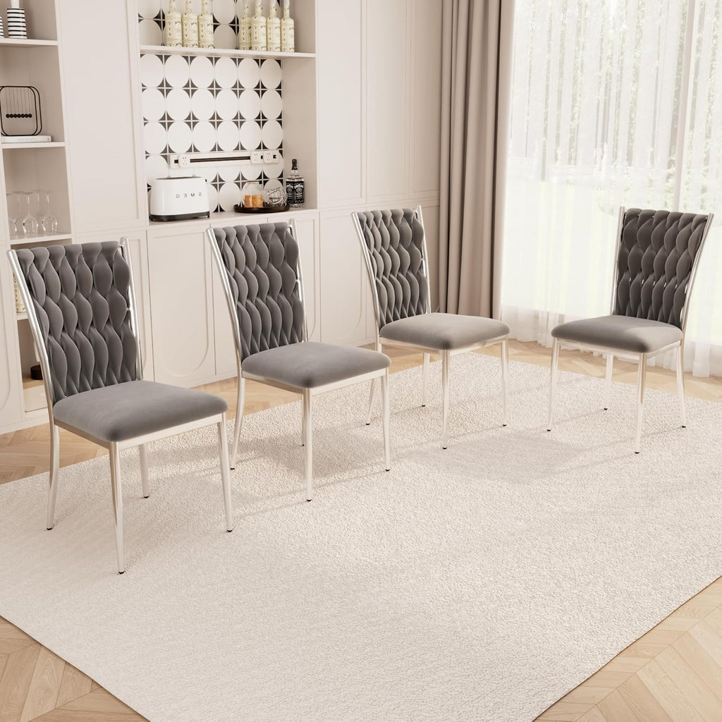 Velvet Dining Chairs Set of 4, Modern Upholstered Kitchen Chairs with Silver Metal Legs, Woven Velvet Fabric and High Back, Dirt Resistance, Easy to Assemble, for Home, Living Room - Dark Grey