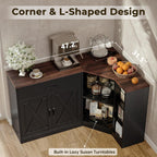 Corner Cabinet w/Charging Station, Kitchen Pantry w/Lazy Susan Turntable | Farmhouse Food Pantry Cabinet w/Drawer & Doors & Adjustable Shelf, L-Shaped Sideboard for Dining Room (Black)