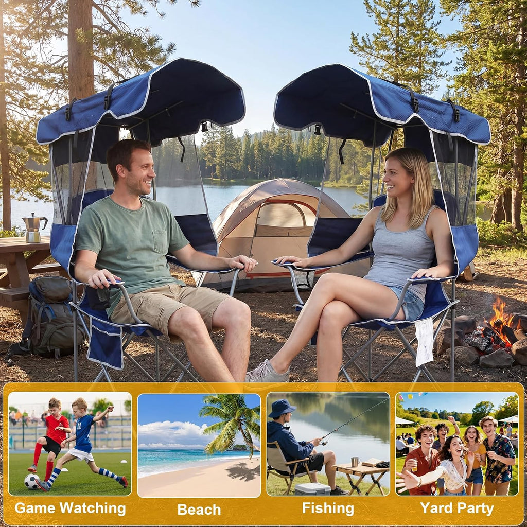 2 Pack Canopy Camping Chairs with Shade, Folding Beach Chair with Full Sun Protection, Portable Heavy Duty Outdoor Chair for Camping, Beach, Sports, Fishing, Lawn, Supports 400 lbs,Navy