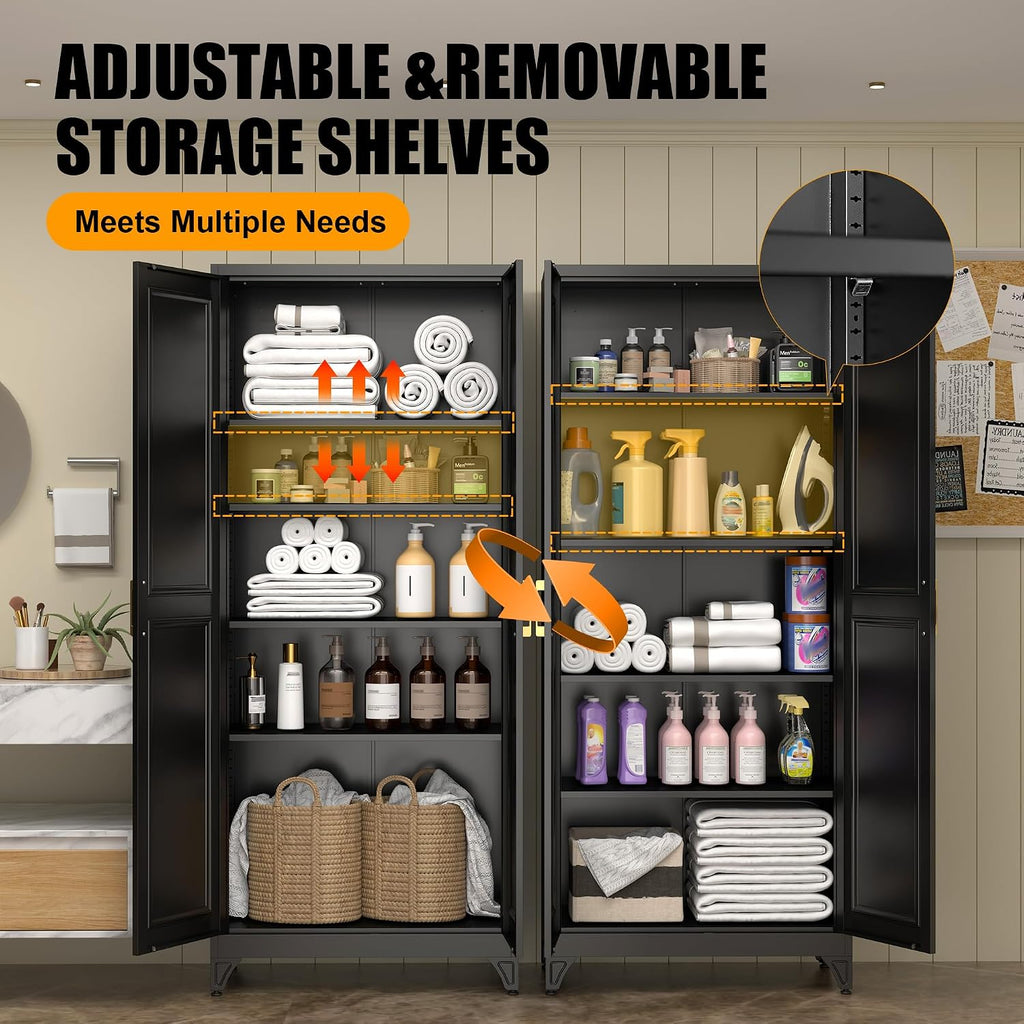 75" Tall Metal Storage Cabinet, Kitchen Pantry Storage Cabinets with Doors and 4 Shelves, Black Pantry Cabinet, Utility Kitchen Cupboard, Large Steel Cabinets for Dining, Office, Living Room