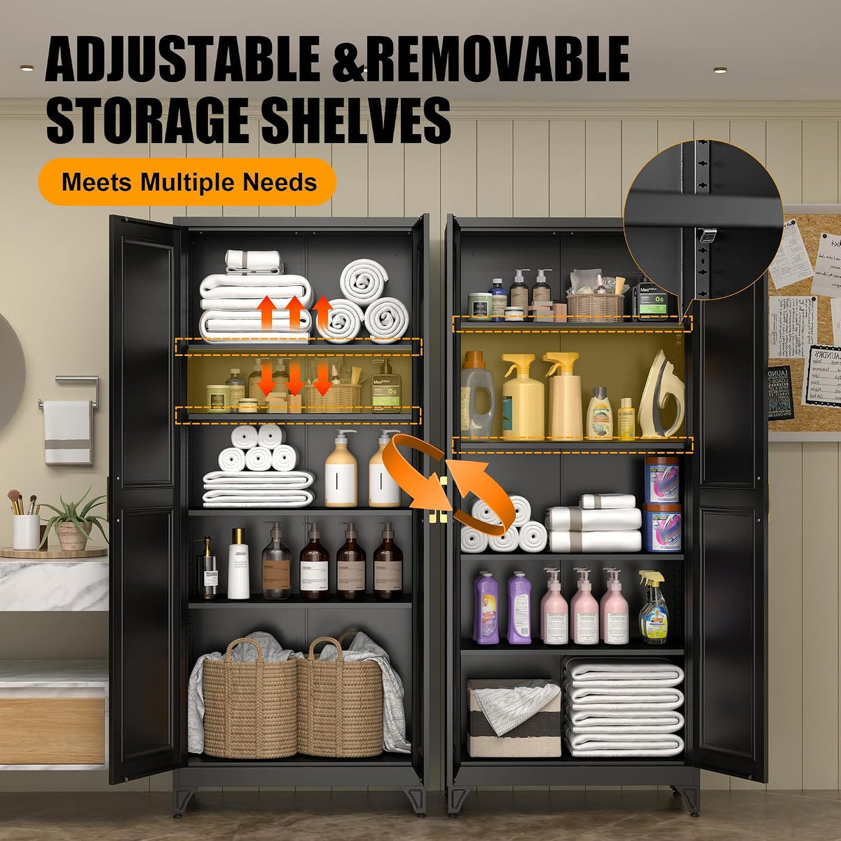 75" Tall Metal Storage Cabinet, Kitchen Pantry Storage Cabinets with Doors and 4 Shelves, Black Pantry Cabinet, Utility Kitchen Cupboard, Large Steel Cabinets for Dining, Office, Living Room