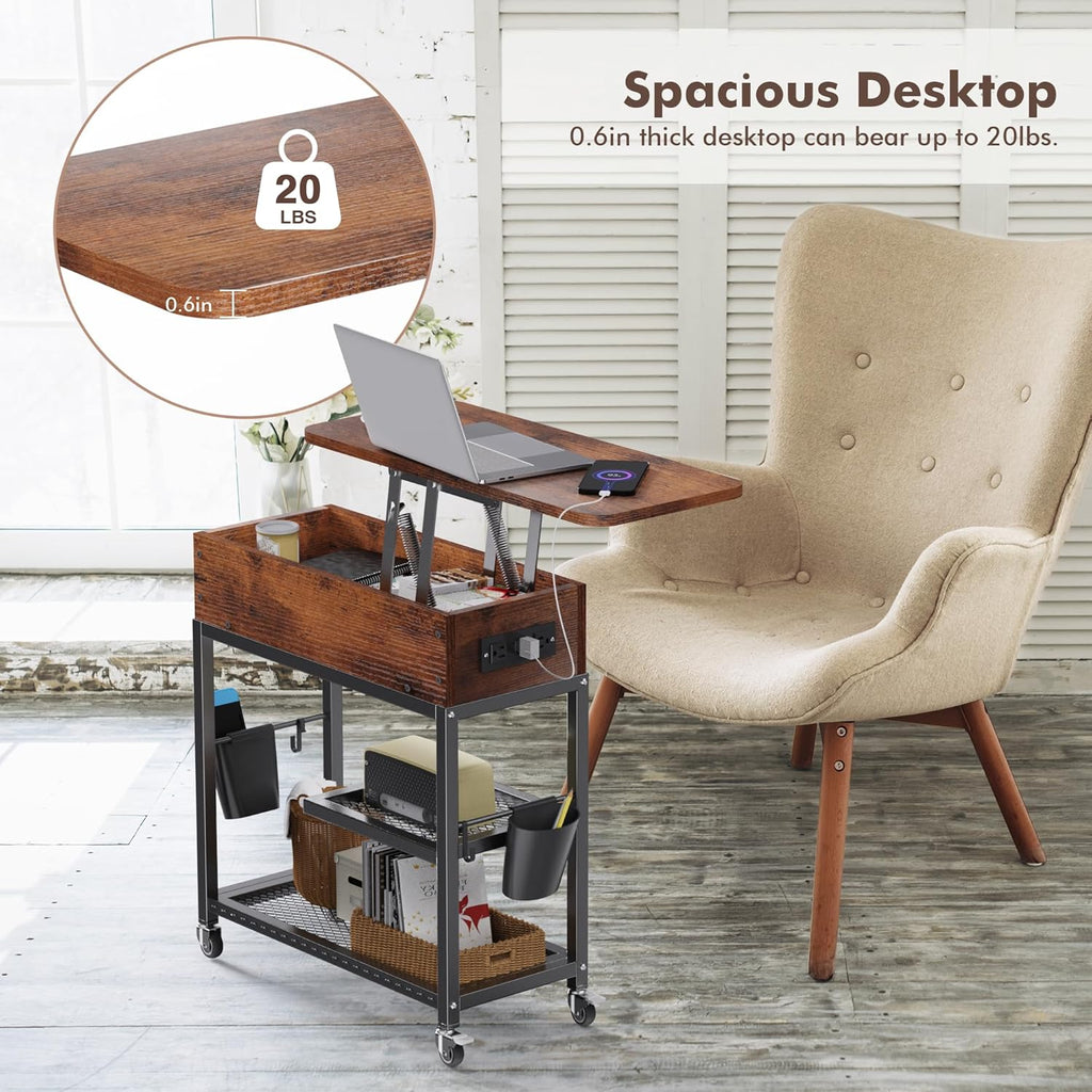 Colima Lift-Top Side Table with Charging Station - Mobile End Table with USB Ports & AC Outlets, Hidden Storage, Wheels - Rustic Wood Nightstand for Living Room, Bedroom, Office