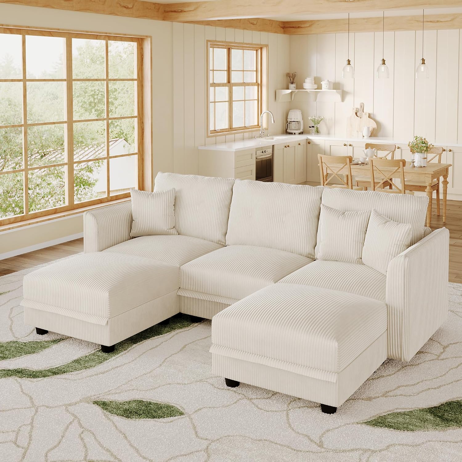 LLappuil Sectional Sofa Modular Cloud Couch with 5 Storage Seats & 3 Throw Pillows, Corduroy U Shaped Couches for Small Space, Rearrangable Apartment Sofas, Scratch Resistant, Beige