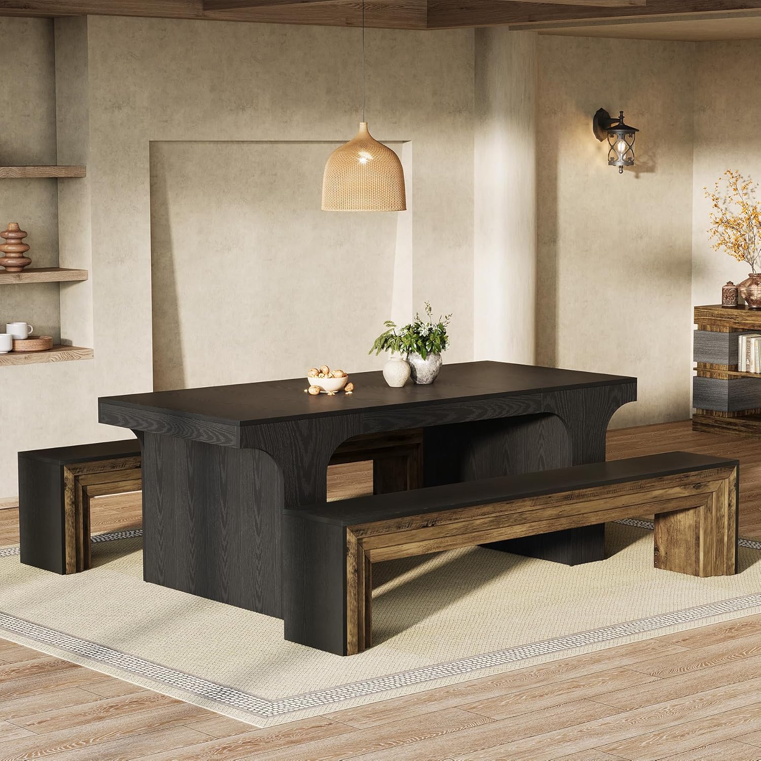 Tribesigns 70.9-Inch Extra Long Dining Bench, Farmhouse Wooden Kitchen Bench Seating for Table, Dining Room, Entryway, Living Room, Bedroom, Black & Brown