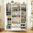 roomfitters Kitchen Pantry Organizers and Storage Kitchen Cabinet, Tall Storage Hutch with Glass Doors, Wine Rack, White