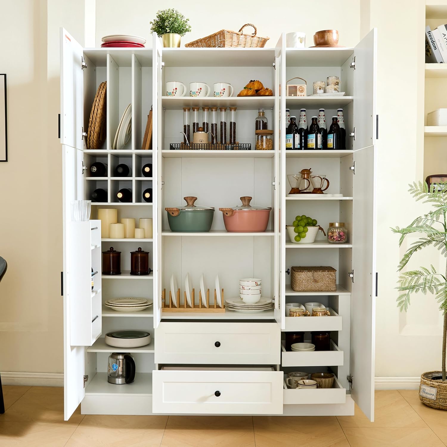 roomfitters Kitchen Pantry Organizers and Storage Kitchen Cabinet, Tall Storage Hutch with Glass Doors, Wine Rack, White