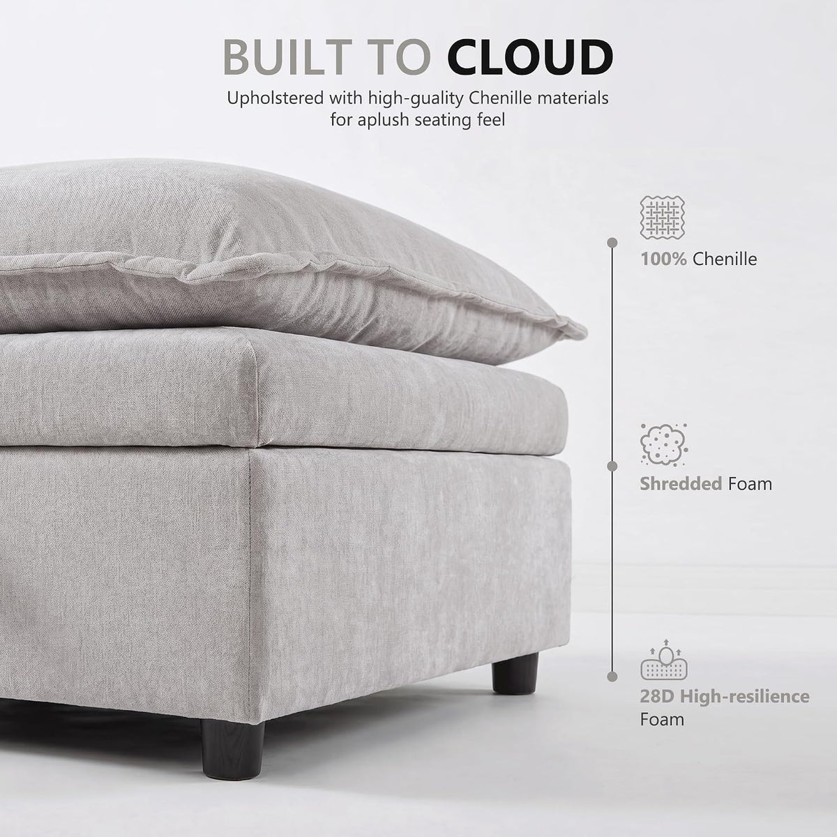 Chenille Upholstered Rectangle Ottoman for Modular Sectional Cloud Couch, Foot Stool, Faux Wood Feet, Durable Frame, Modular Sectional Couch Add Ons for Living Room, Bedroom, Light Gray