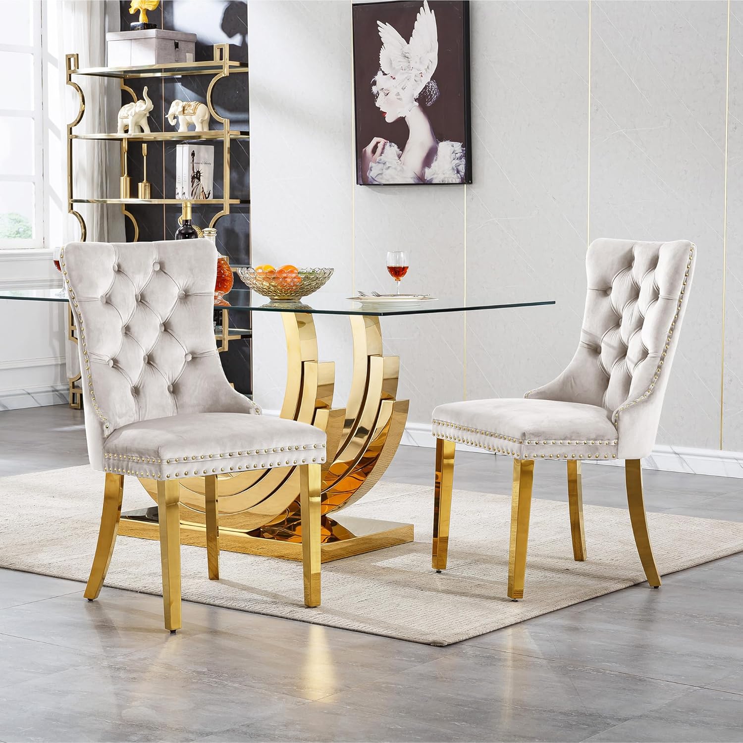 SSLine 7-Piece Gold Glass Dining Table Set for 6, Modern Luxury 70" Glass Dining Room Table with Three-Ring Shape Stainless Steel Base, Elegant Kitchen Table Set with 6 Beige Tufted Chairs