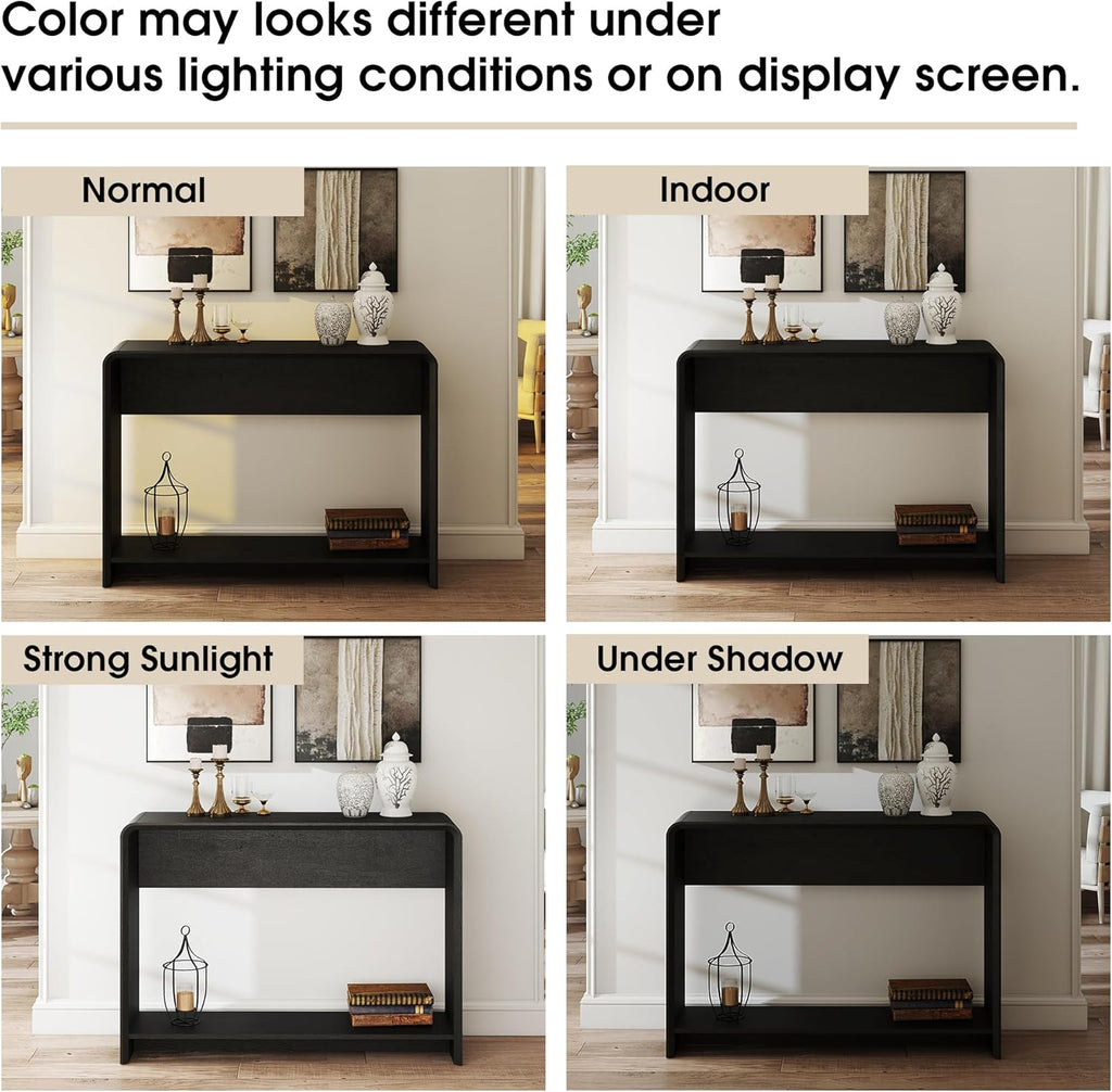 42.3" Modern U-Shaped Console Table, 11.5" Narrow Waterfall Entryway Table with Storage Shelf, Minimalist Sofa Table for Hallway & Living Room, Black Wood-Like Pattern Finish