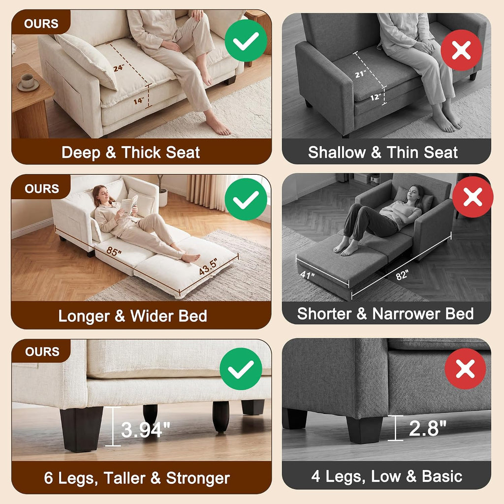 49" Loveseat Sofa Bed, 2 in 1 Convertible Small Sofa Pull Out Couch Bed Chenille Deep 2 Seat Sleeper Twin XL Futon Mattress for Small Spaces Living Room Bedroom Apartment Office, Beige