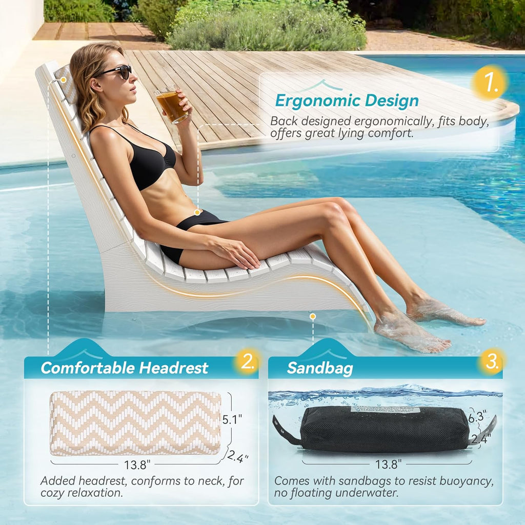 HDPS Pool Lounge Chairs Set of 2, Use in Pools Lounge Chairs up to 10-Inches of Water, Chaise Chairs with Headrest, Lounge Chair Outdoor, Fade-Resistant Pool Lounger for Deck