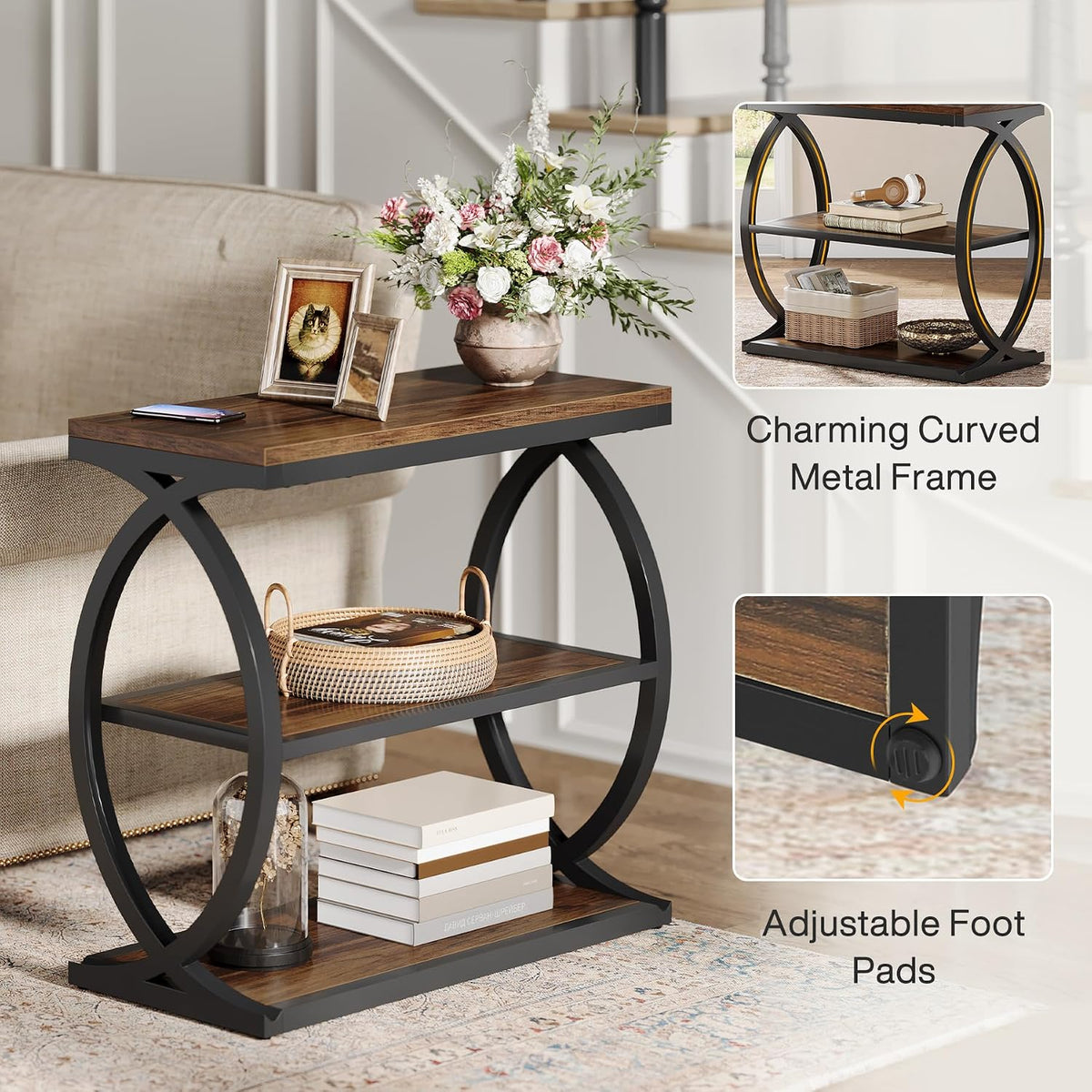 Tribesigns End Table, Narrow 3-Tier End Table for Living Room, Industrial Wooden Side Table with Metal Frame, Small Bedside Nightstand for Bedroom, Small Spaces, Rustic Brown