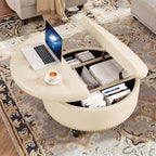 FiveWillowise 31.5" Large Round Ottoman with Storage Circular,Cream White | Leather Coffee Table with Lift Top,Modern Upholstered Button Tufted Footrest Stool Solid Wood Legs for Living Room,Bedroom