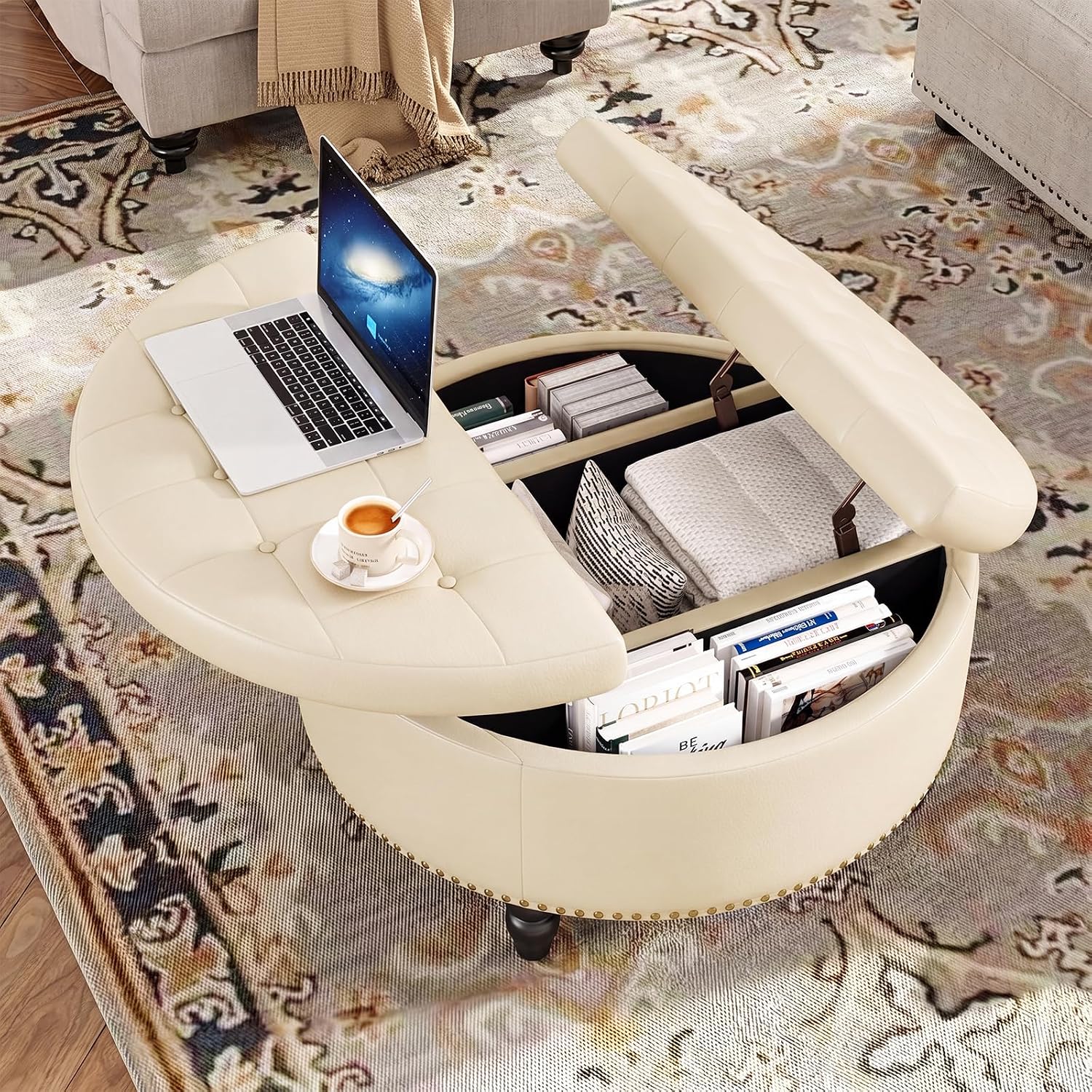FiveWillowise 31.5" Large Round Ottoman with Storage Circular,Cream White | Leather Coffee Table with Lift Top,Modern Upholstered Button Tufted Footrest Stool Solid Wood Legs for Living Room,Bedroom
