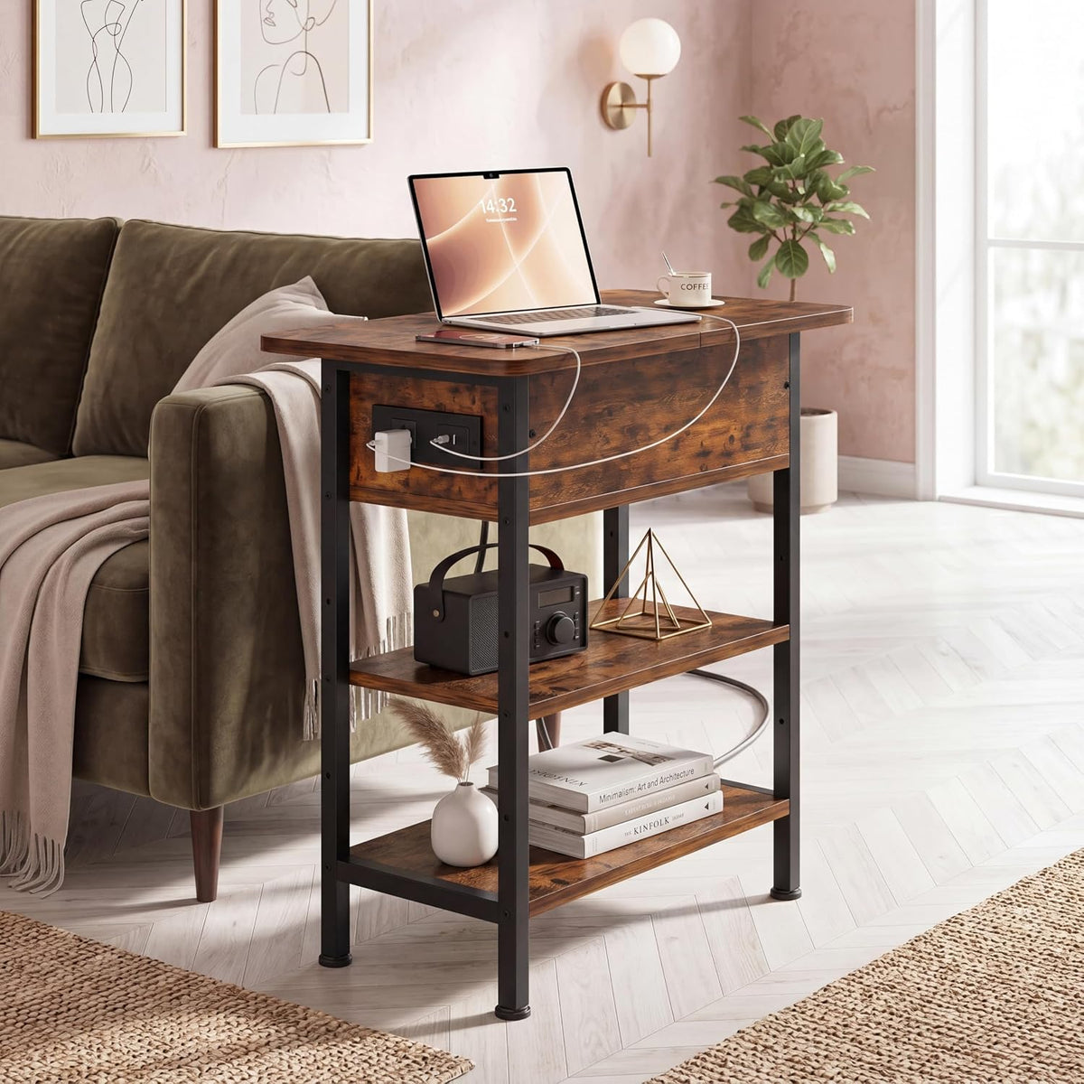 GRUSIGN End Table with Charging Station, Flip Top Side Table with USB Ports and Outlets, 3-Tier Small Side Table with Storage for Small Space, End Tables for Living Room/Bedroom, Rustic Brown